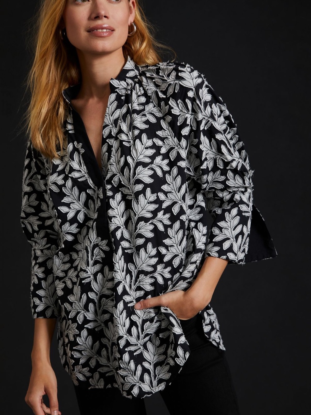 Womens Black & White Leaf-Print Popover Blouse